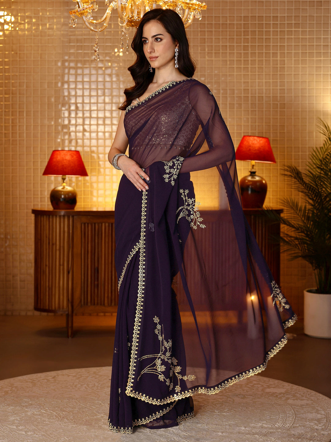Libas Purple Floral Embellished Georgette Saree