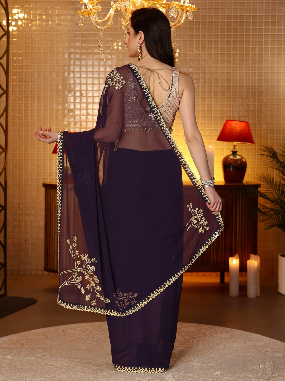 Libas Purple Floral Embellished Georgette Saree