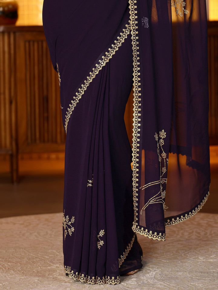 Libas Purple Floral Embellished Georgette Saree