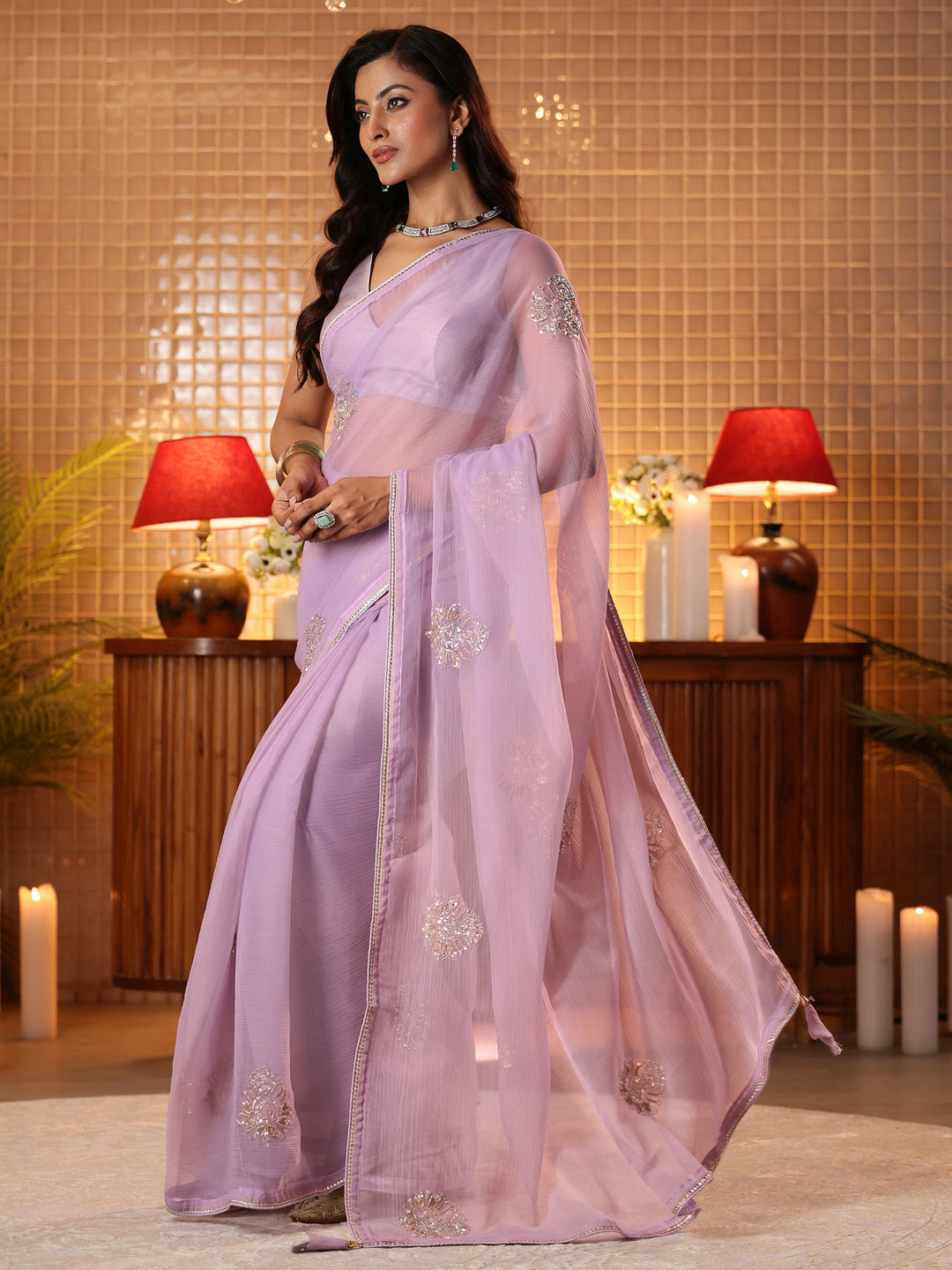 Lavender Ethnic Embellished Silk Blend Saree