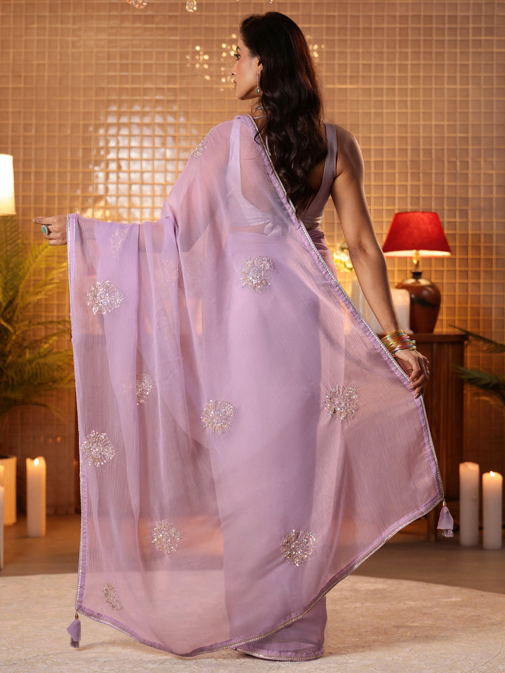 Lavender Ethnic Embellished Silk Blend Saree