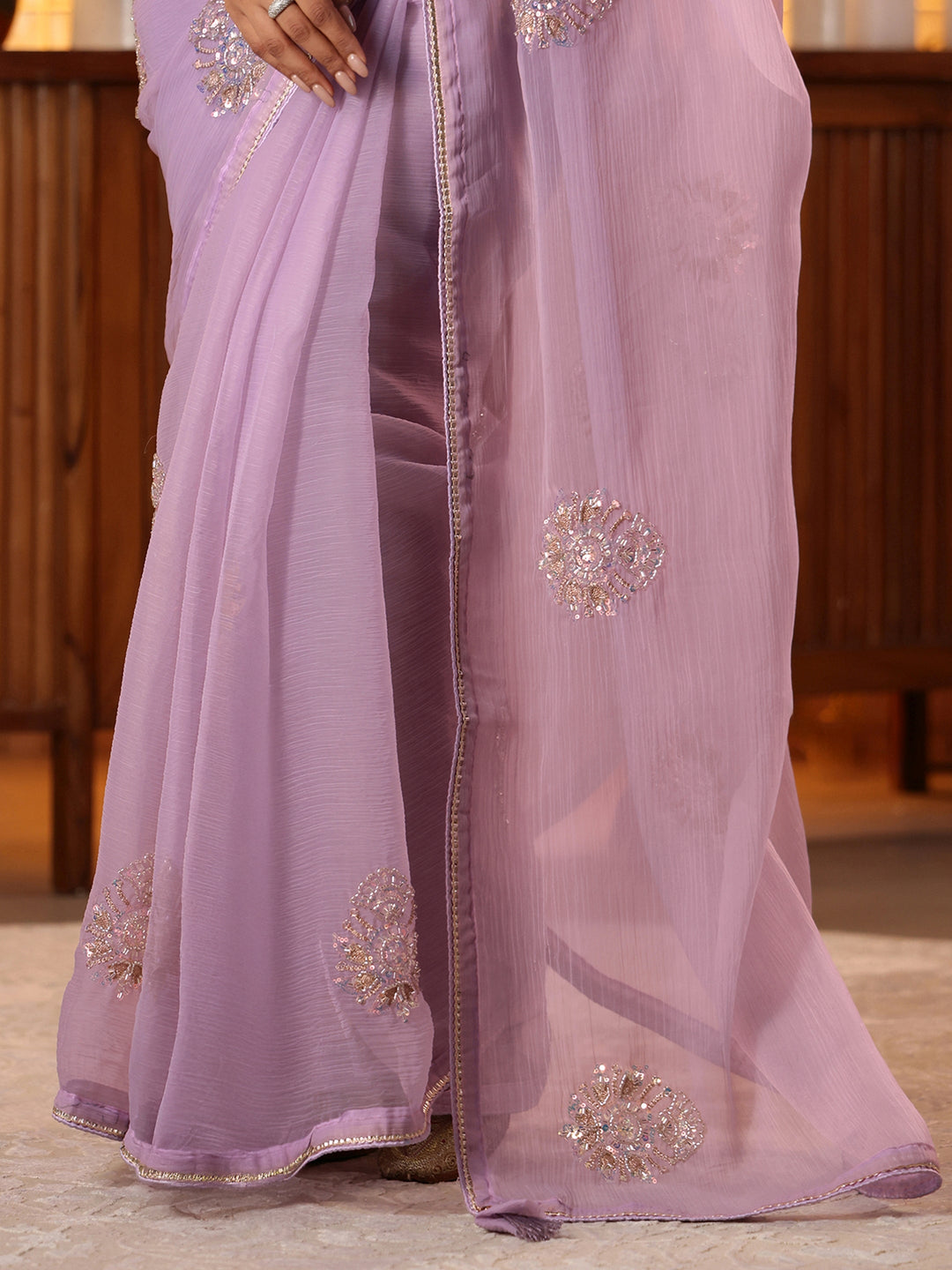 Lavender Ethnic Embellished Silk Blend Saree
