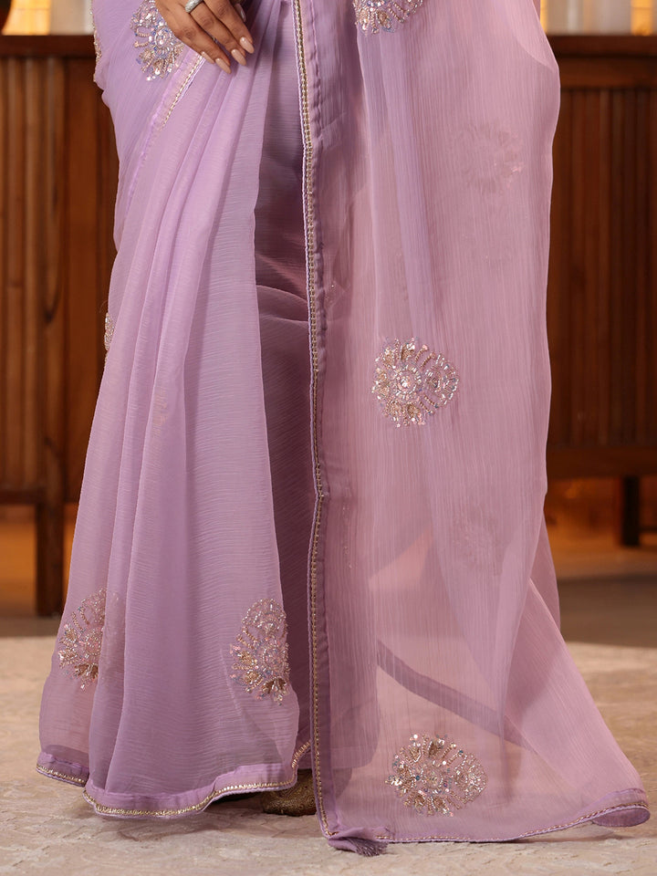 Lavender Ethnic Embellished Silk Blend Saree
