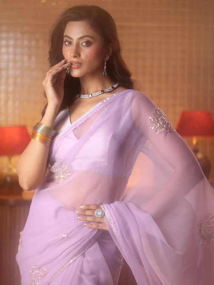 Lavender Ethnic Embellished Silk Blend Saree
