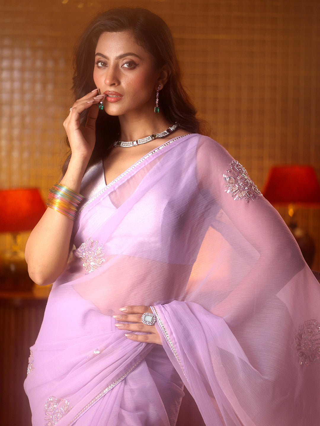 Libas Lavender Ethnic Embellished Silk Blend Saree