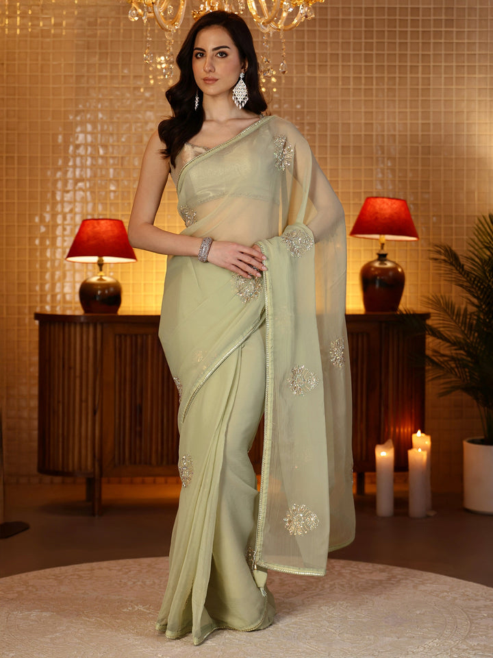Libas Pista Green Embellished Silk Blend Saree
