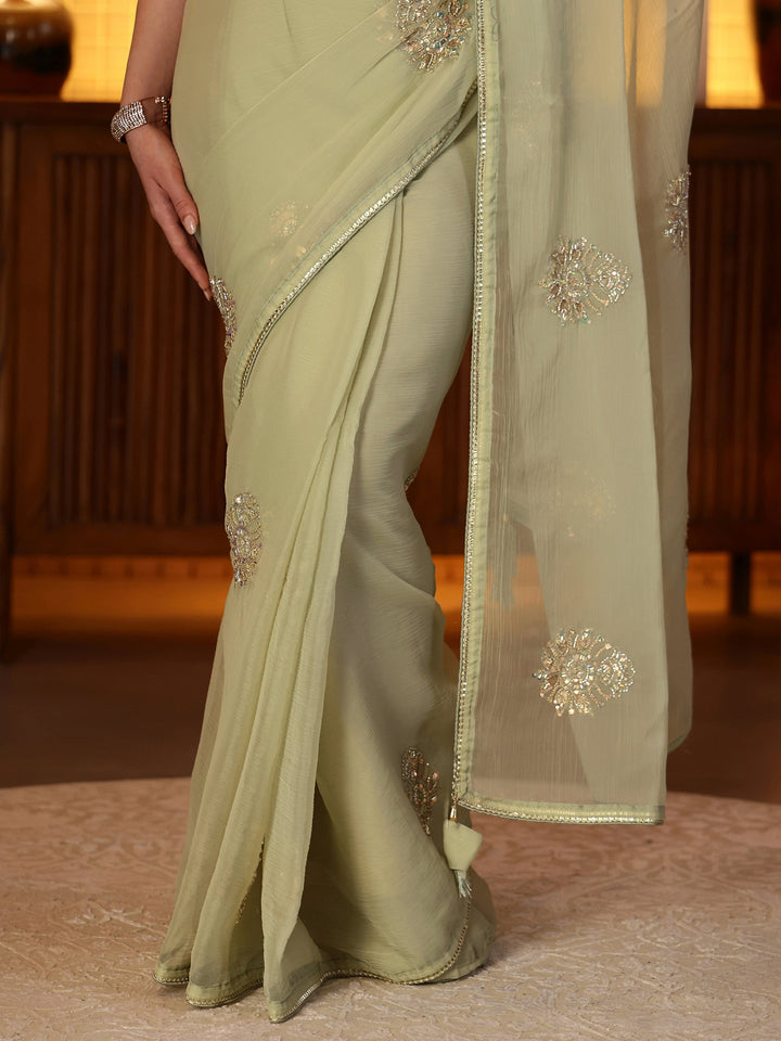 Libas Pista Green Embellished Silk Blend Saree