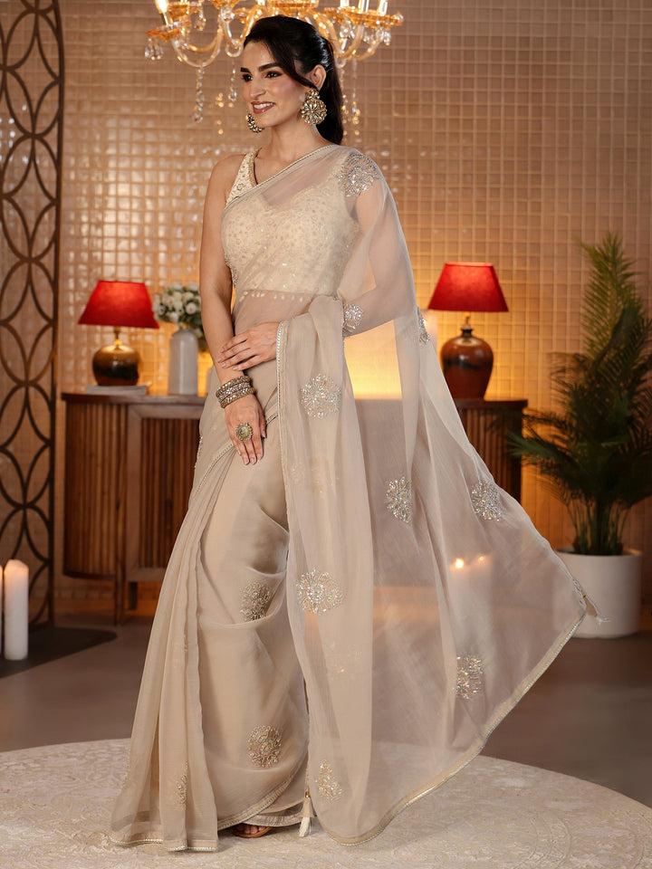 Libas Taupe Embellished Silk Blend Saree