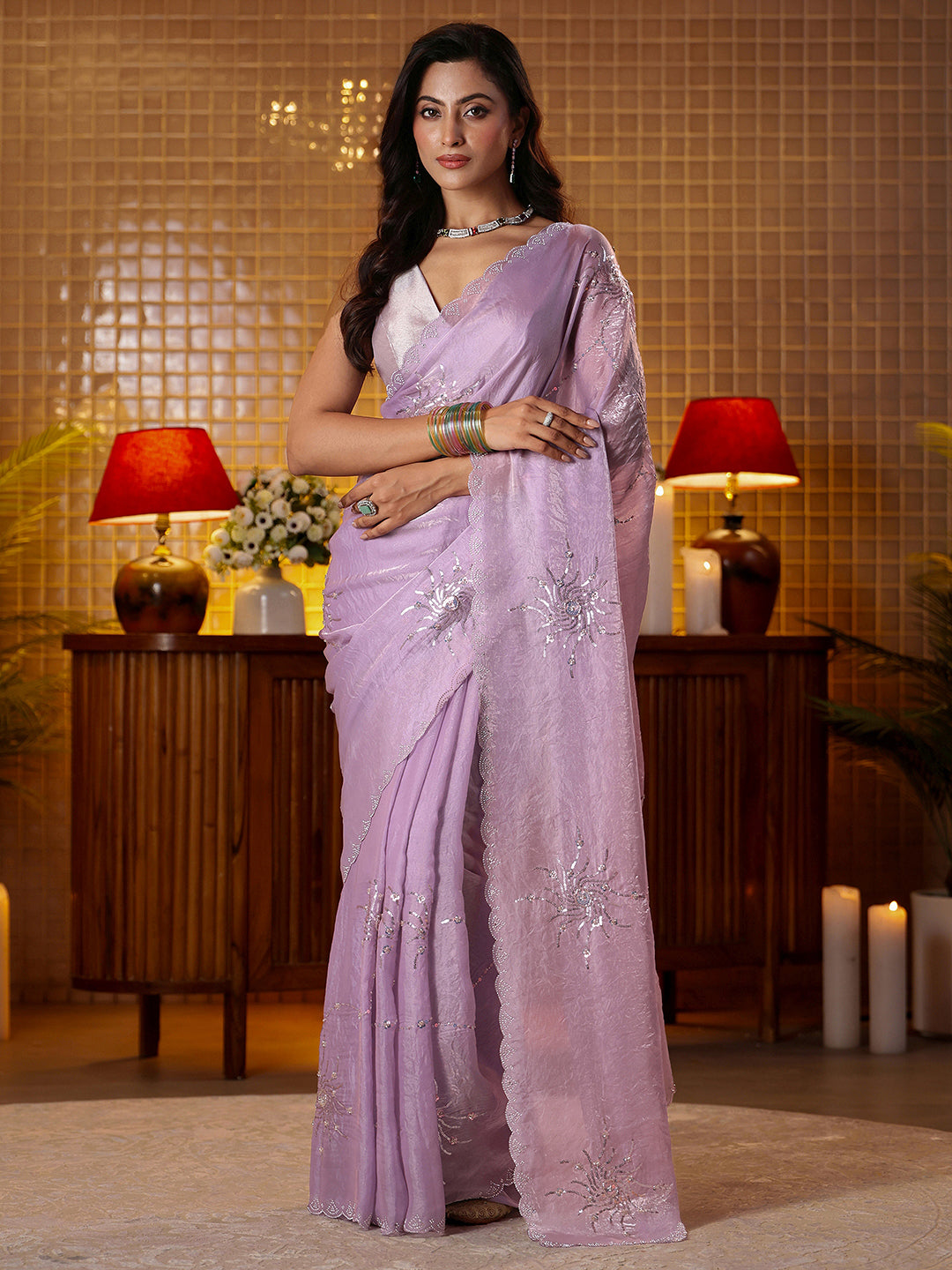 Libas Lavender Self Design Self Design Silk Blend Saree