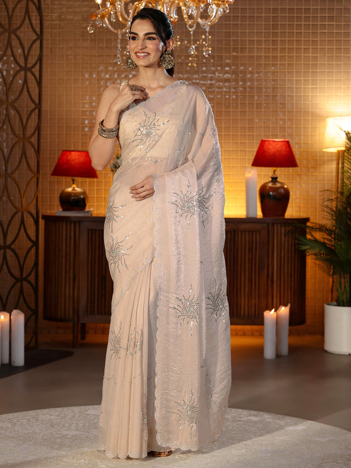 Libas Beige Embellished Silk Blend Saree