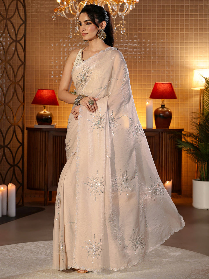 Libas Beige Embellished Silk Blend Saree