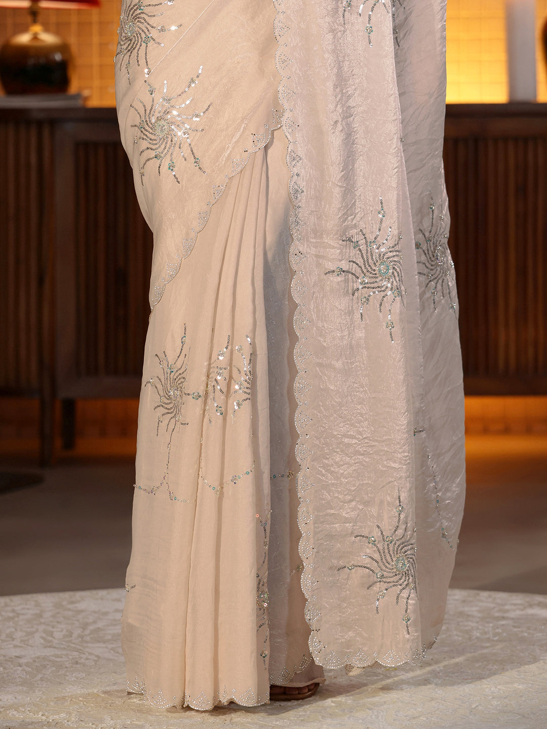 Libas Beige Embellished Silk Blend Saree