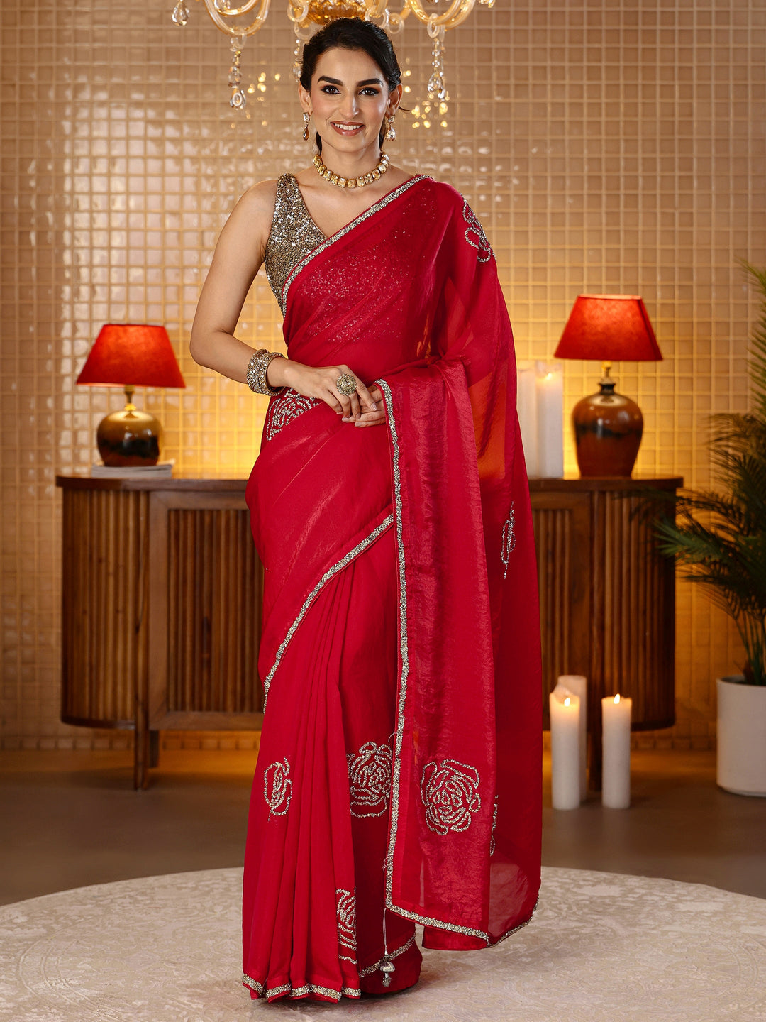 Libas Cherry Red Embellished Silk Blend Saree