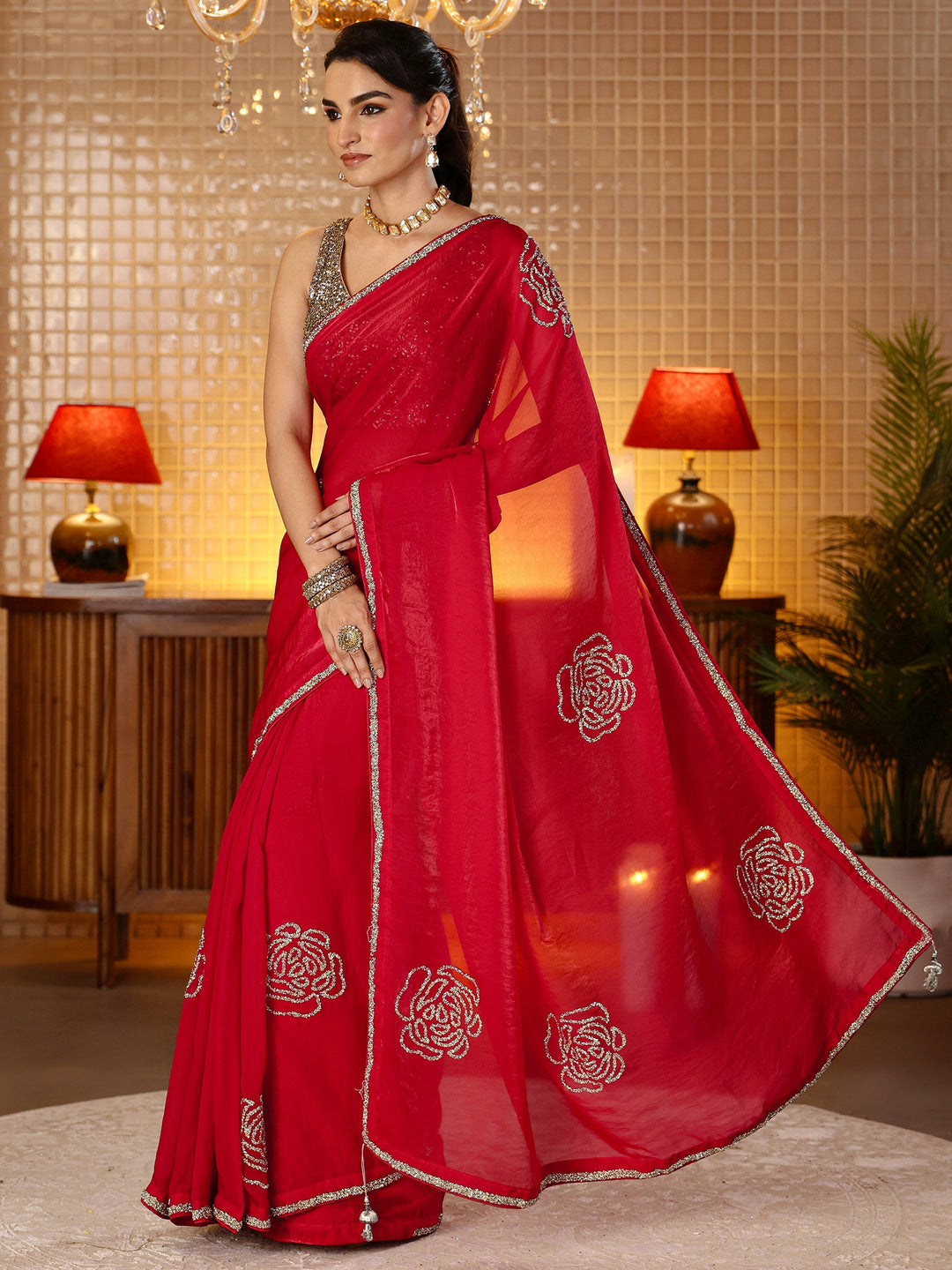 Libas Cherry Red Embellished Silk Blend Saree