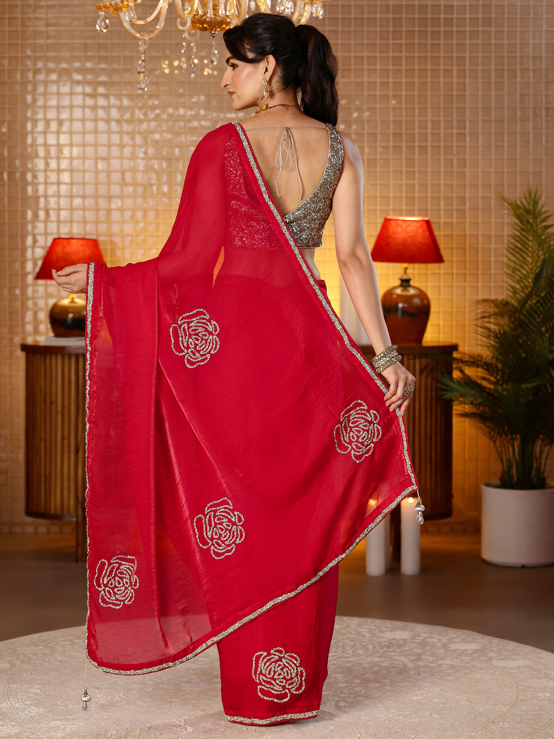 Libas Cherry Red Embellished Silk Blend Saree