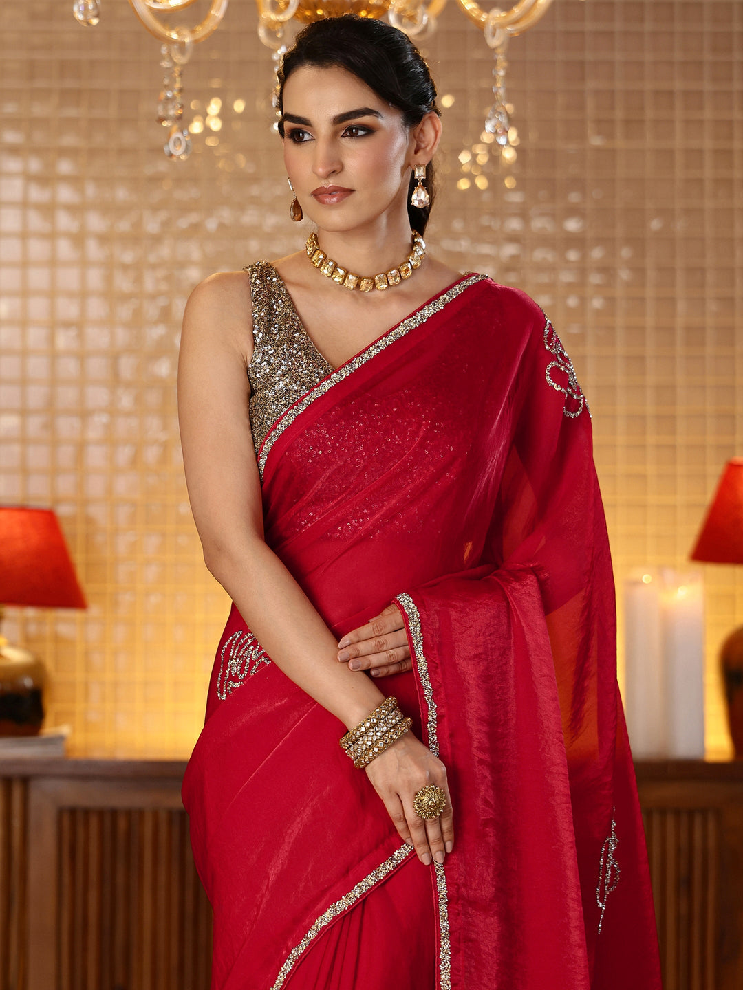 Libas Cherry Red Embellished Silk Blend Saree