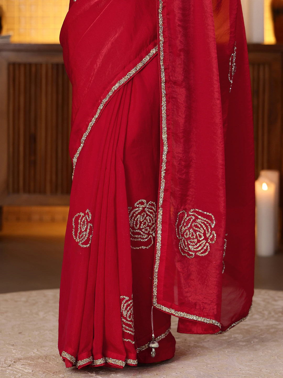 Libas Cherry Red Embellished Silk Blend Saree