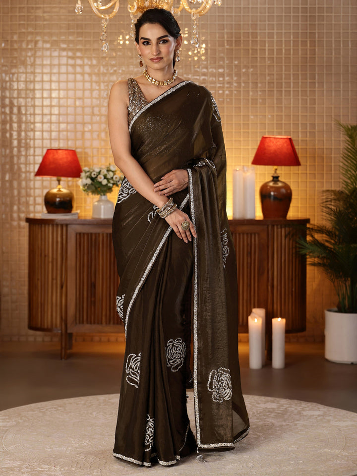 Libas Brown Embellished Silk Blend Saree