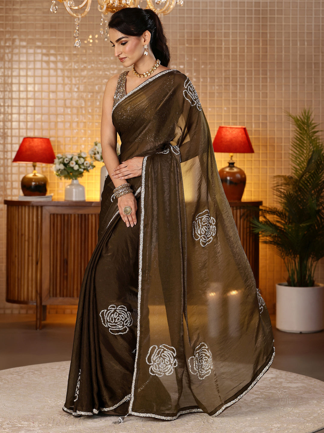 Libas Brown Embellished Silk Blend Saree