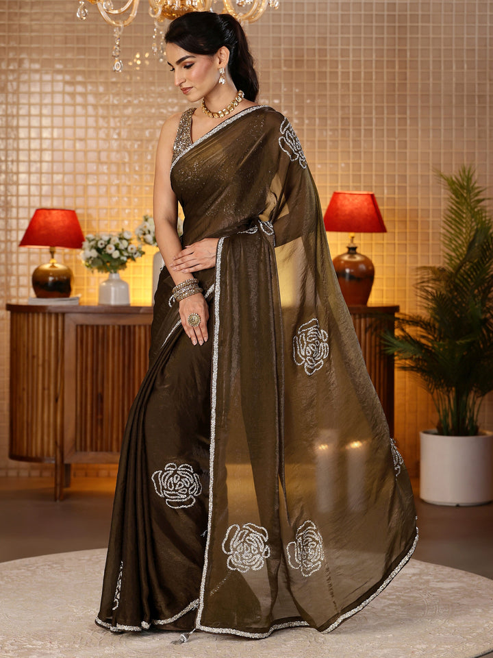 Libas Brown Embellished Silk Blend Saree
