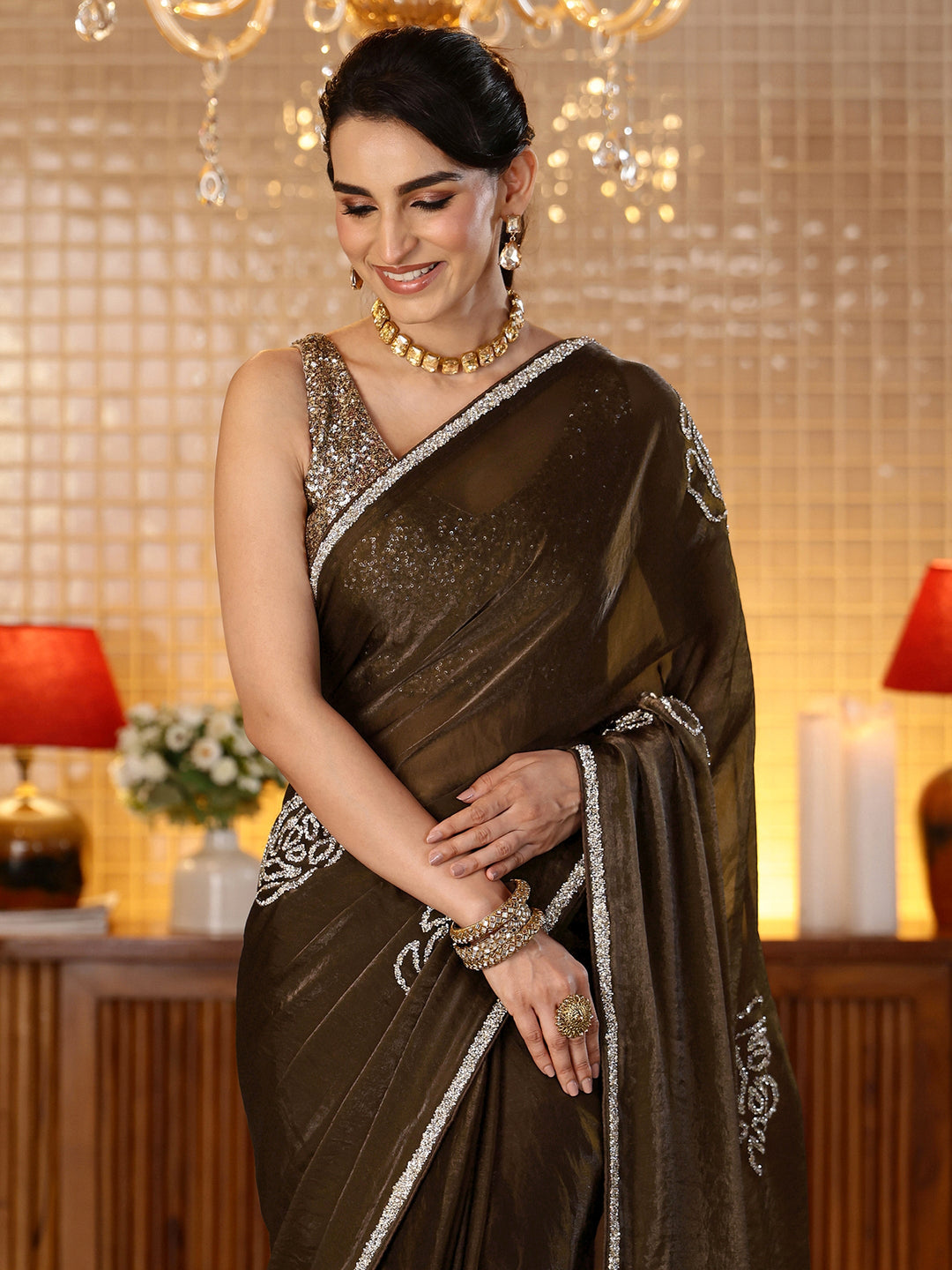 Libas Brown Embellished Silk Blend Saree