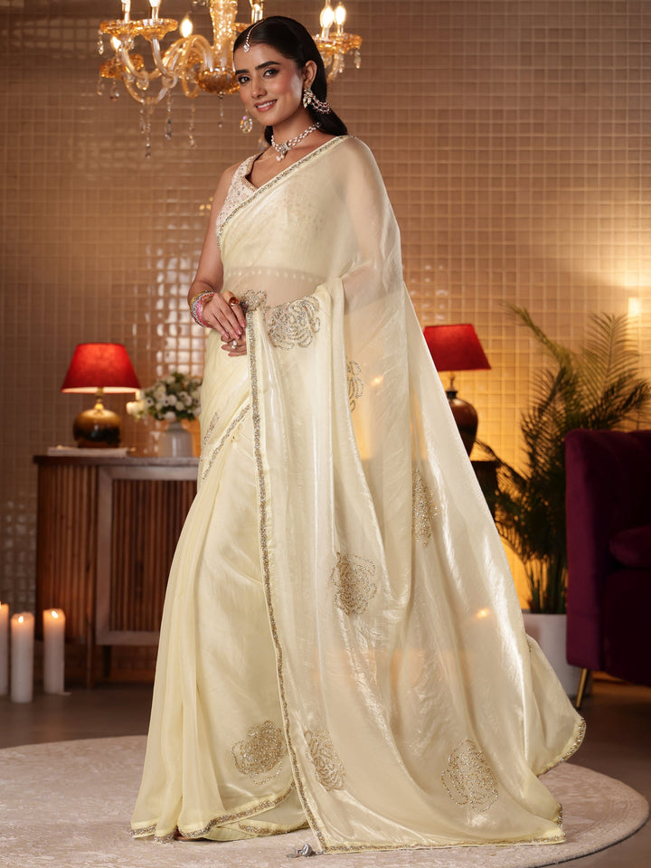 Libas Cream Embellished Silk Blend Saree
