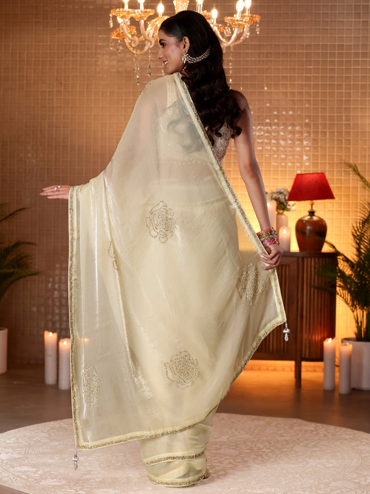 Libas Cream Embellished Silk Blend Saree