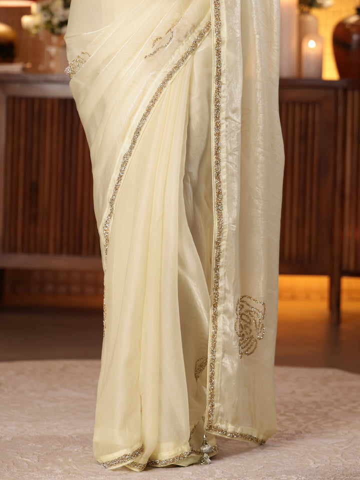 Libas Cream Embellished Silk Blend Saree