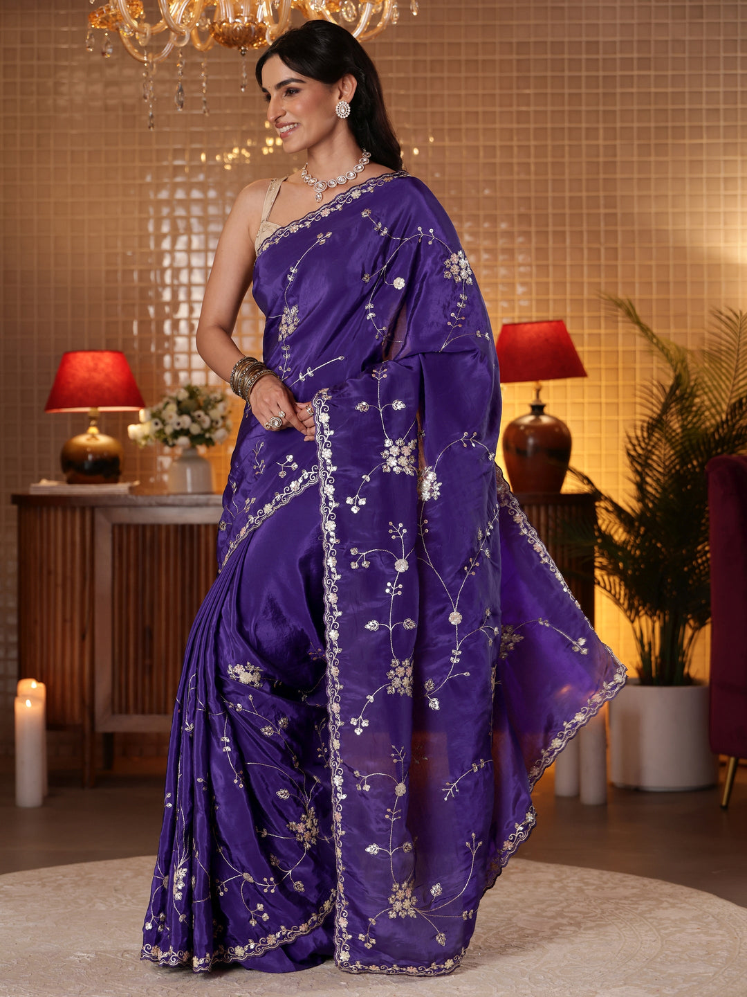 Libas Purple Embellished Silk Blend Saree