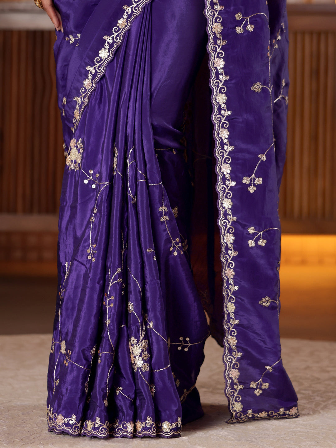 Libas Purple Embellished Silk Blend Saree