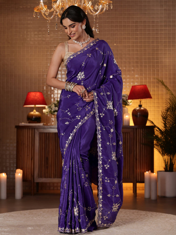 Libas Purple Embellished Silk Blend Saree