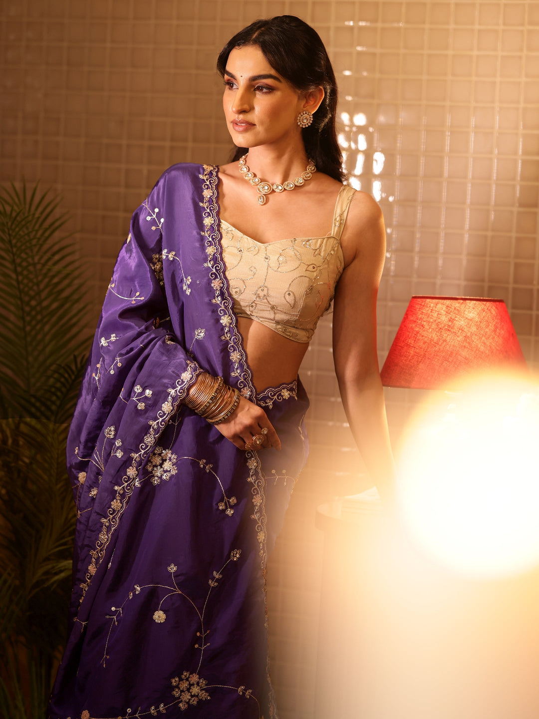 Libas Purple Embellished Silk Blend Saree