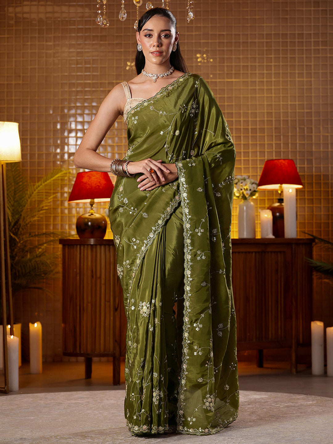Libas Green Embellished Silk Blend Saree