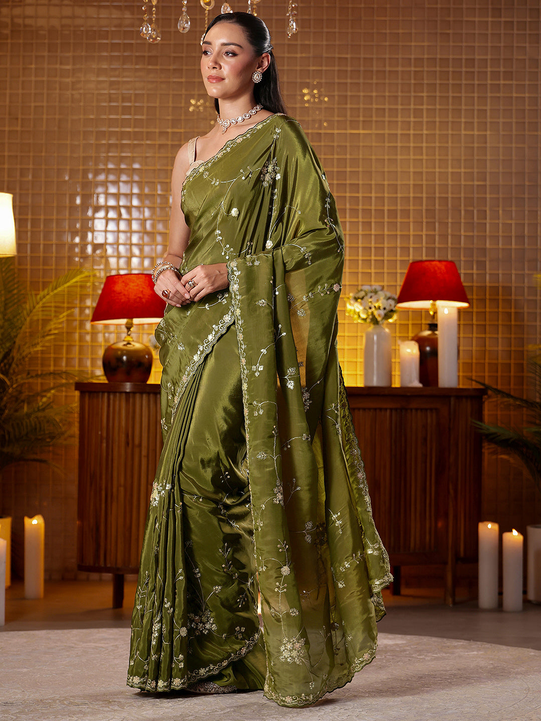 Libas Green Embellished Silk Blend Saree