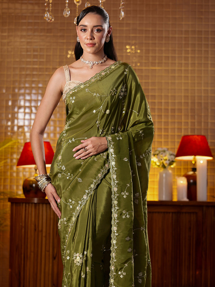 Libas Green Embellished Silk Blend Saree