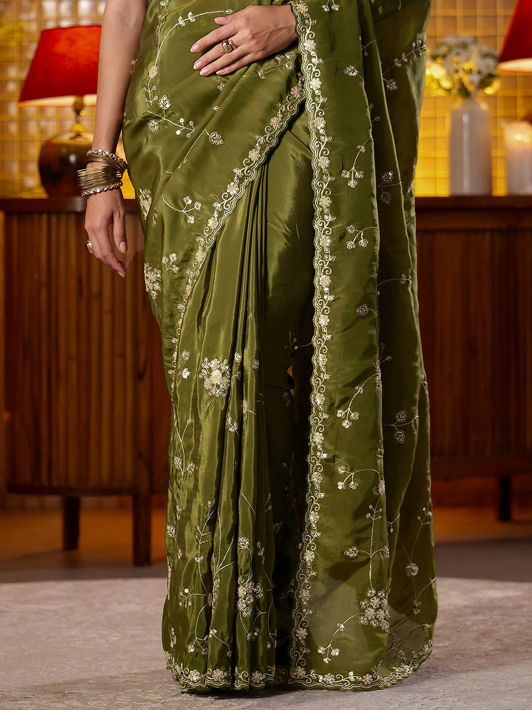 Libas Green Embellished Silk Blend Saree