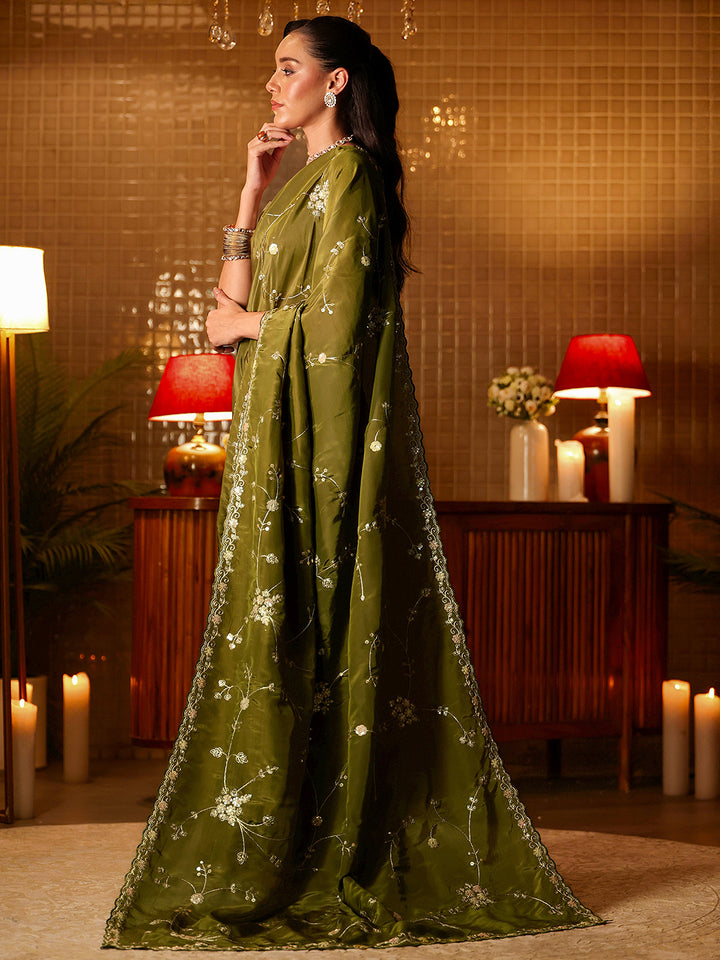 Libas Green Embellished Silk Blend Saree