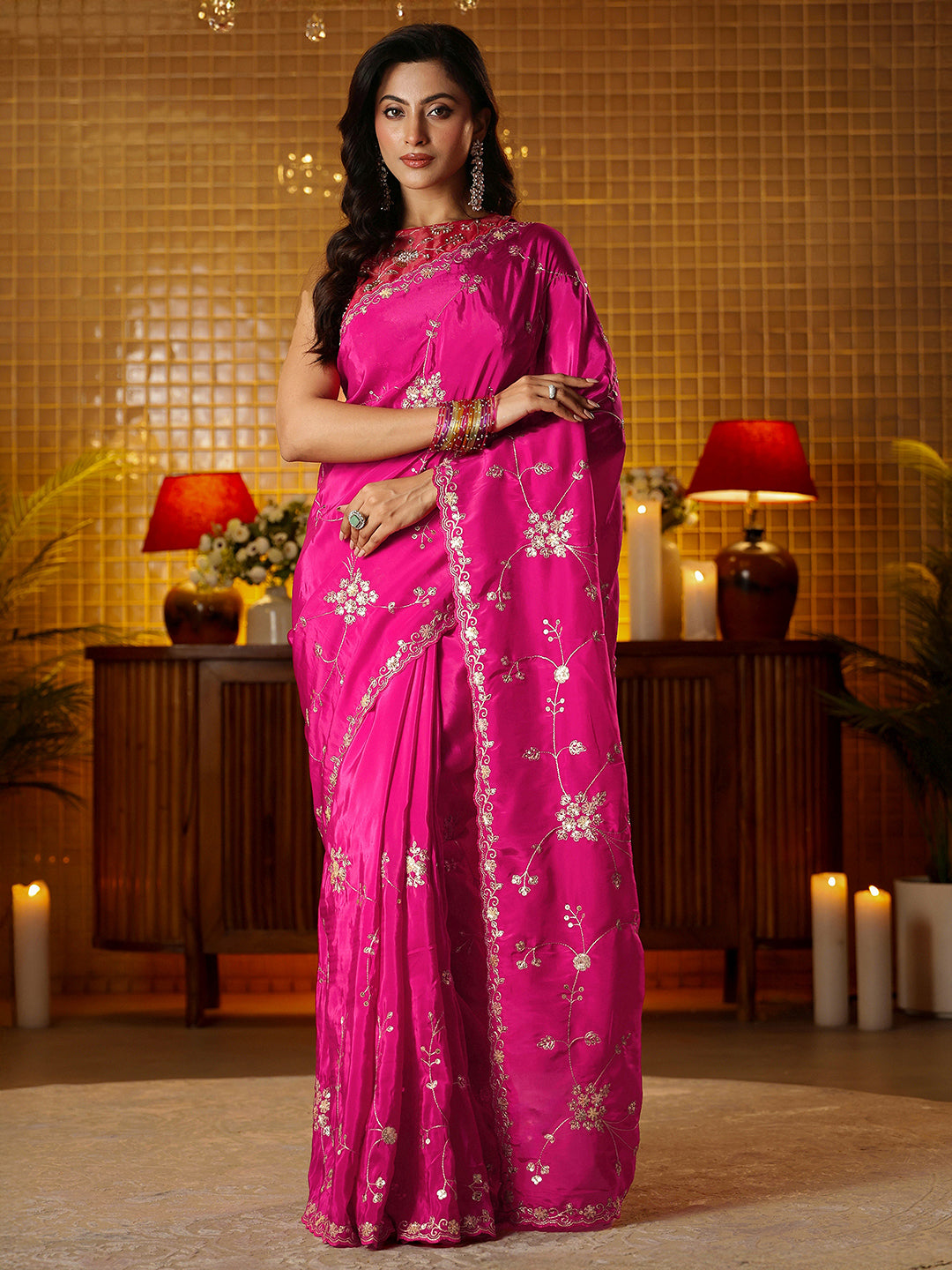 Libas Pink Embellished Silk Blend Saree
