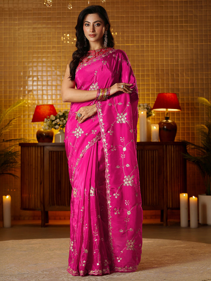 Libas Pink Embellished Silk Blend Saree
