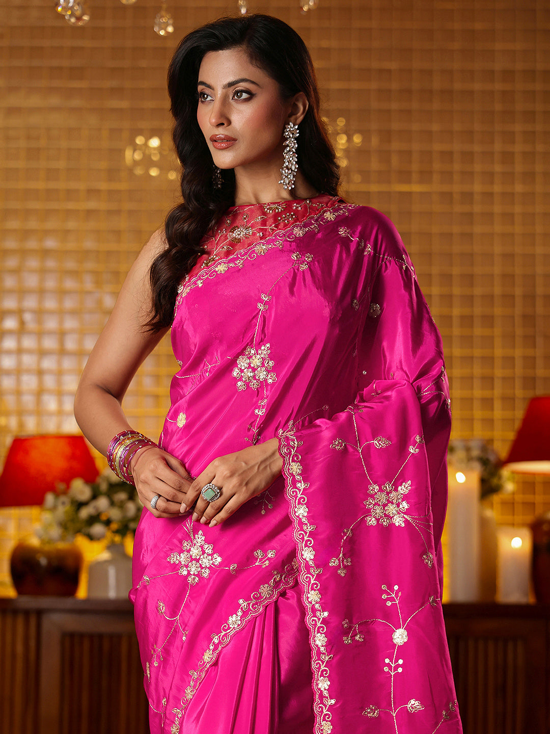 Libas Pink Embellished Silk Blend Saree
