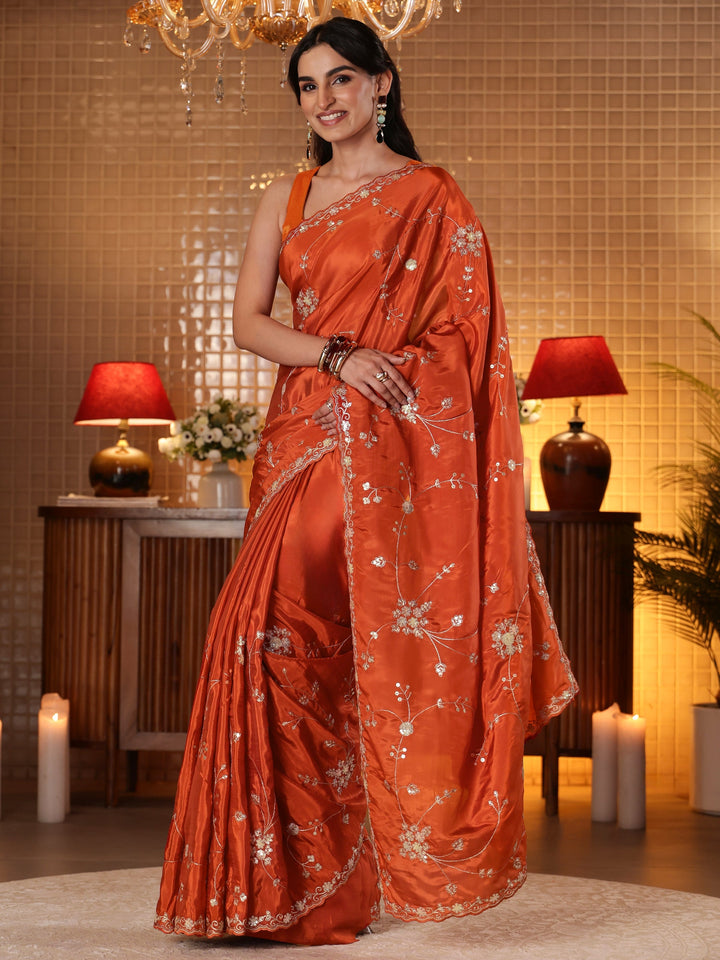 Libas Rust Embellished Silk Blend Saree