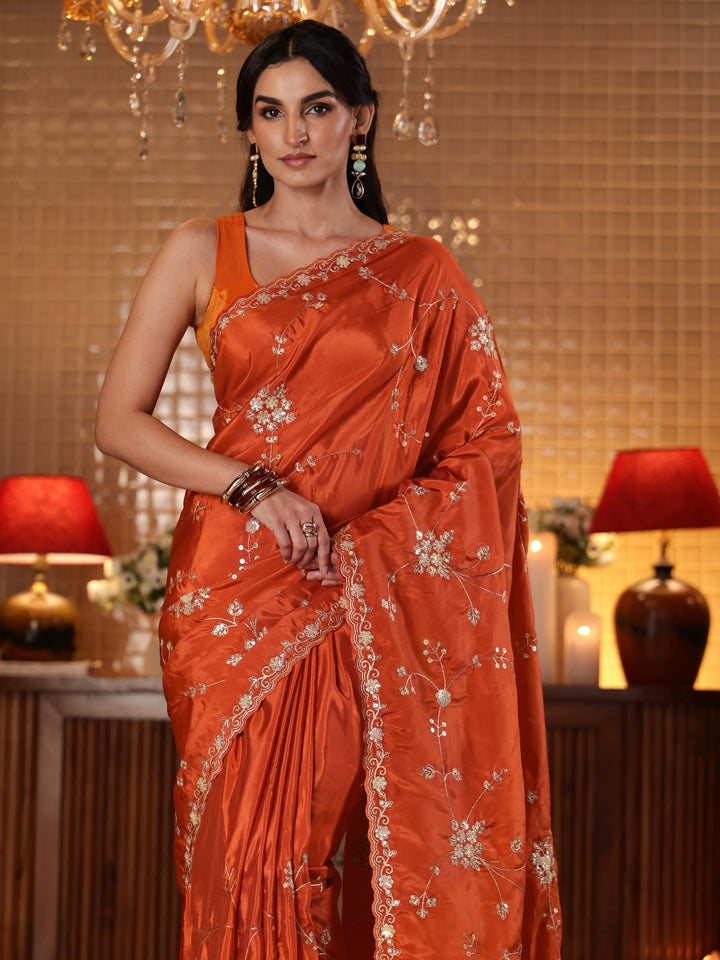 Libas Rust Embellished Silk Blend Saree