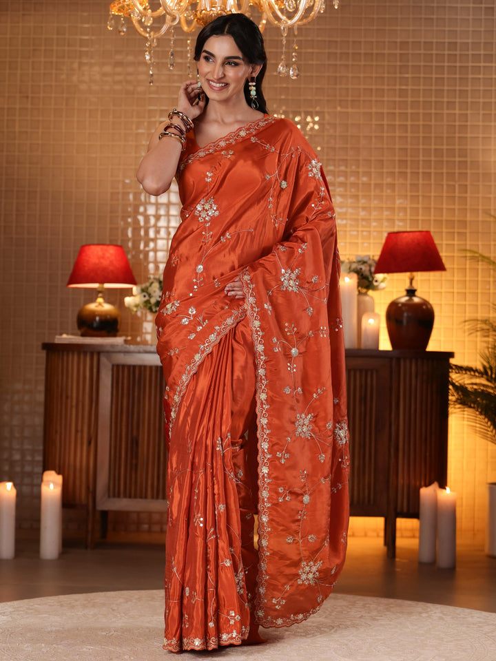 Libas Rust Embellished Silk Blend Saree