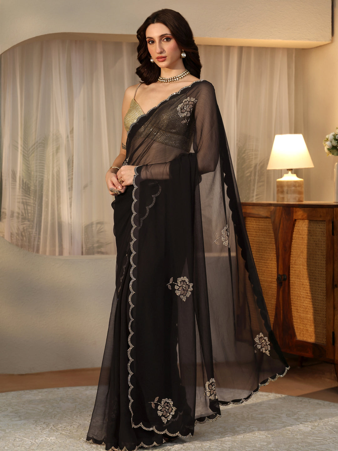 Libas Black Floral Embellished Georgette Saree