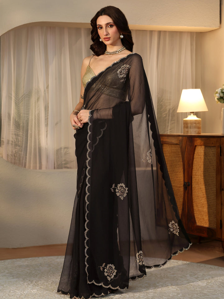 Libas Black Floral Embellished Georgette Saree