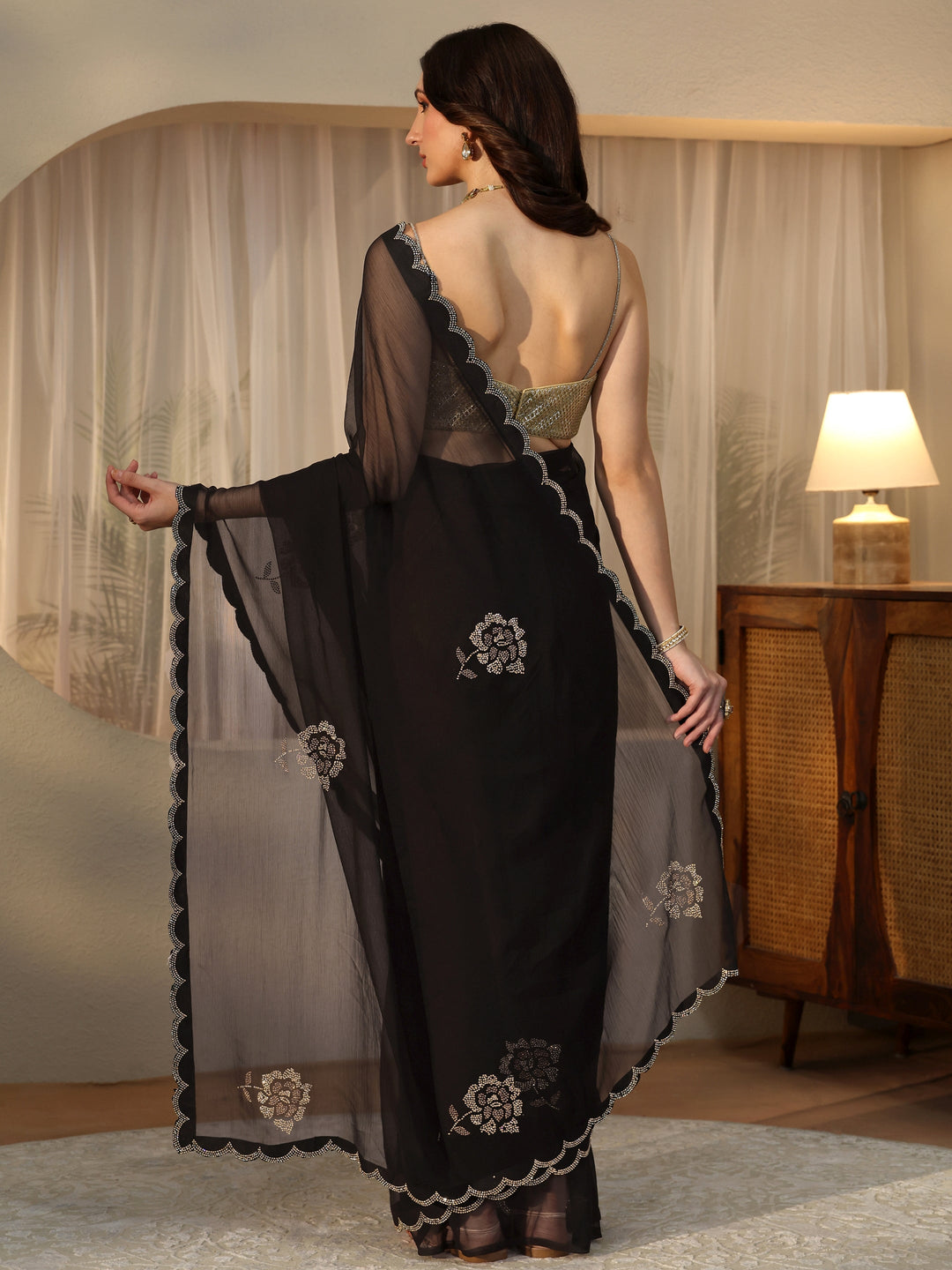 Libas Black Floral Embellished Georgette Saree
