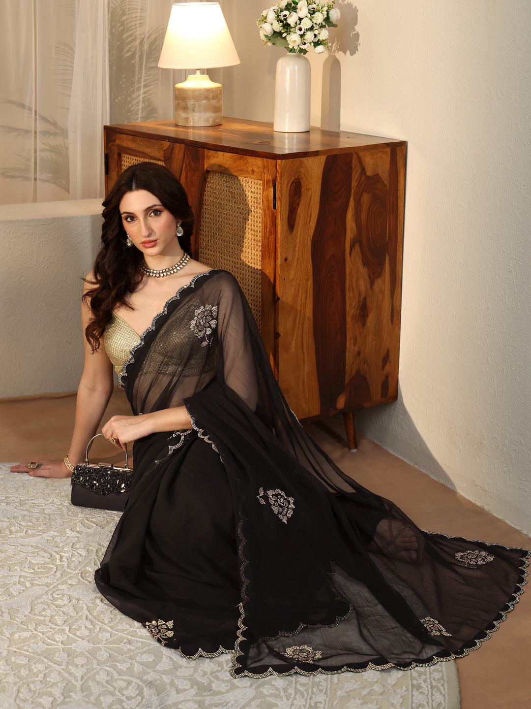 Libas Black Floral Embellished Georgette Saree