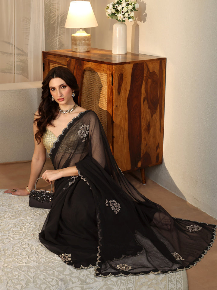 Libas Black Floral Embellished Georgette Saree
