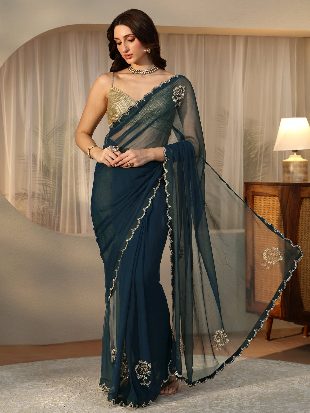Libas Peacock Blue Floral Embellished Georgette Saree