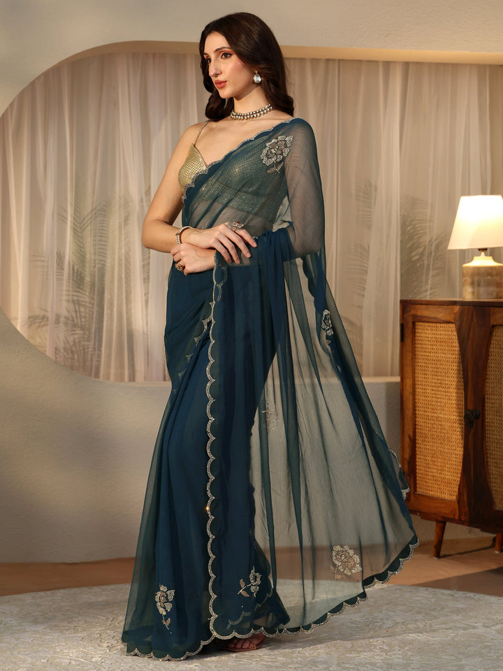 Libas Peacock Blue Floral Embellished Georgette Saree